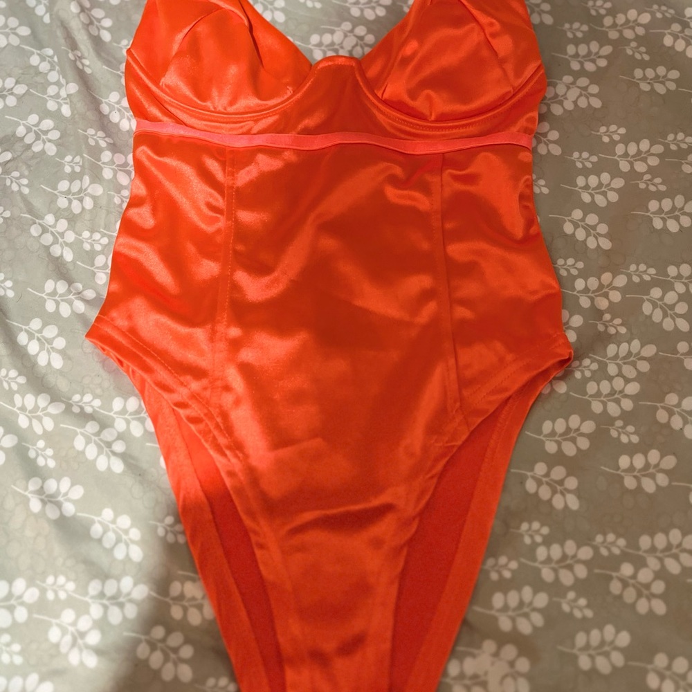 Neon Orange body suit spaghetti strap, snap crotch